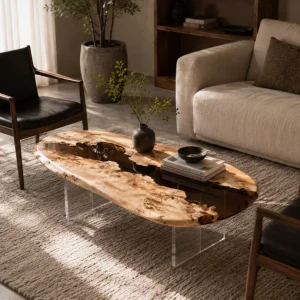 Custom French Poplar Live Edge Epoxy Coffee Tables with Grey Epoxy FECT004