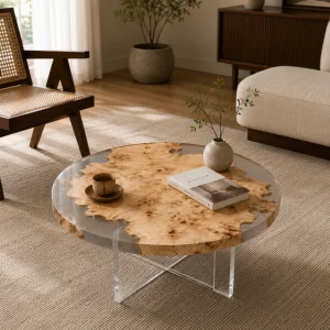 Custom French Poplar Live Edge Epoxy Coffee Tables with Crystal Clear Epoxy FECT005