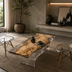 Custom French Poplar Live Edge Epoxy Coffee Tables with Crystal Clear Epoxy FECT011