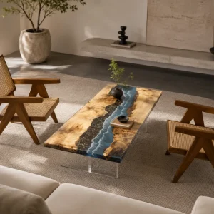 Custom French Poplar Ocean & Beach Epoxy Coffee Tables with Ocean Blue Epoxy FECT012