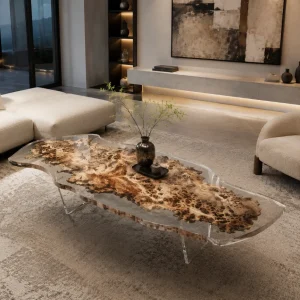 Custom French Poplar Live Edge Epoxy Coffee Tables with Crystal Clear Epoxy FECT014