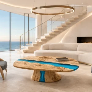 Custom French Poplar River Epoxy Coffee Tables with Ocean Blue Epoxy FECT015