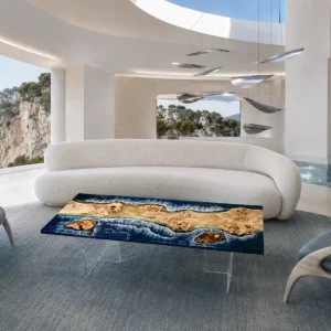 Custom French Poplar Ocean & Beach Epoxy Coffee Tables with Ocean Blue Epoxy FECT017