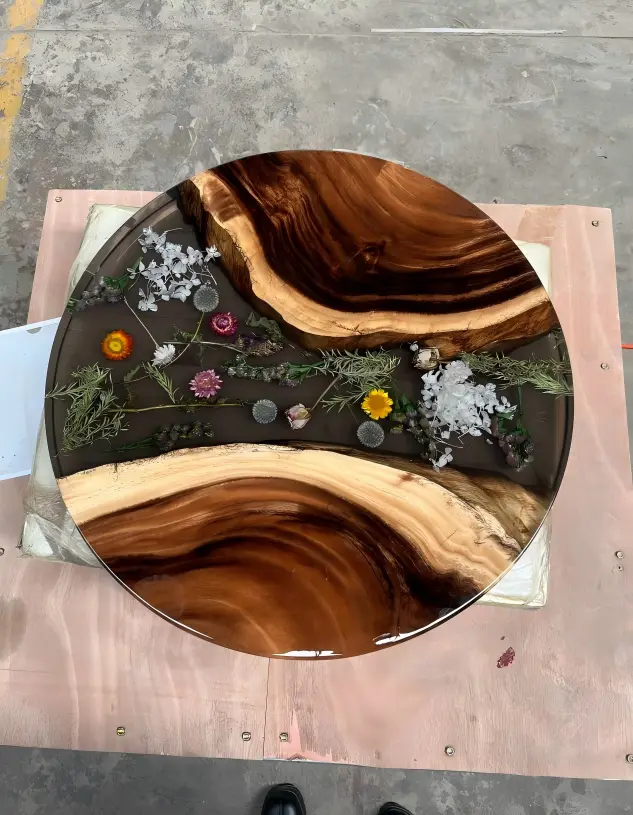 Bespoke Walnut Live Edge.Epoxy Resin Flower Table featuring Crystal Clear epoxy resin product FL006