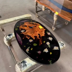 Designer Italian Olive Wood Live Edge.Epoxy Resin Flower Table featuring Black epoxy resin product FL007