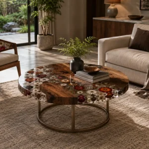 Handcrafted Floral Wood Epoxy Tables with SKU FL012