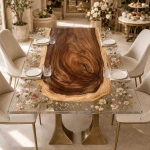 Designer Live Edge.Epoxy Resin Flower Table made with Walnut and Crystal Clear epoxy resin reference FL012