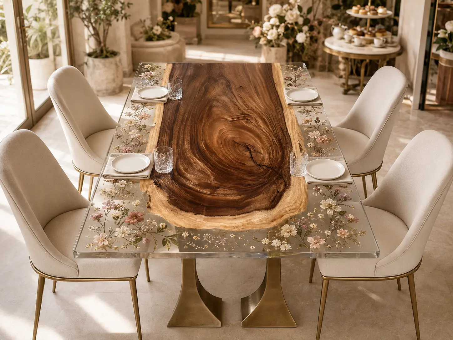 Designer Live Edge.Epoxy Resin Flower Table made with Walnut and Crystal Clear epoxy resin reference FL012