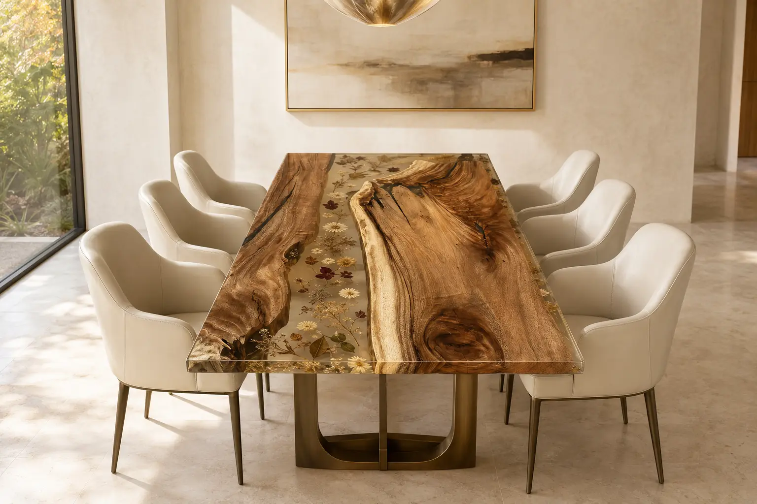 Handcrafted.Epoxy Resin Flower Table with Walnut and Crystal Clear epoxy resin in a Live Edge design SKU FL013