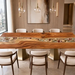 Made-to-Order Walnut River.Epoxy Resin Flower Table featuring Crystal Clear epoxy resin product FL014