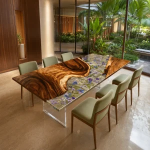 Designer Live Edge.Epoxy Resin Flower Table made with Walnut and Crystal Clear epoxy resin reference FL016