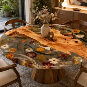 Handcrafted Floral Wood Epoxy Tables with SKU FL018