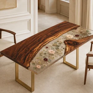 Luxury Live Edge.Epoxy Resin Flower Table crafted from Walnut and Crystal Clear epoxy resin SKU FL018