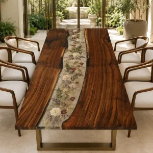 Designer Black Walnut River.Epoxy Resin Flower Table featuring Crystal Clear epoxy resin product FL019