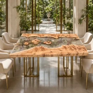Made-to-order Live Edge.Epoxy Resin Flower Table in French Poplar and Crystal Clear epoxy resin model FL020