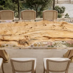 Bespoke French Poplar Live Edge.Epoxy Resin Flower Table featuring Crystal Clear epoxy resin product FL021