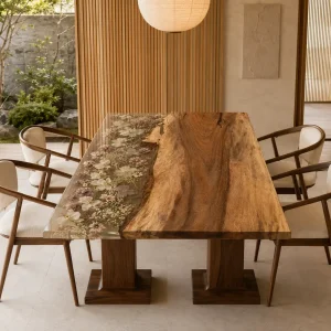 Made-to-Order Walnut Live Edge.Epoxy Resin Flower Table featuring Crystal Clear epoxy resin product FL022