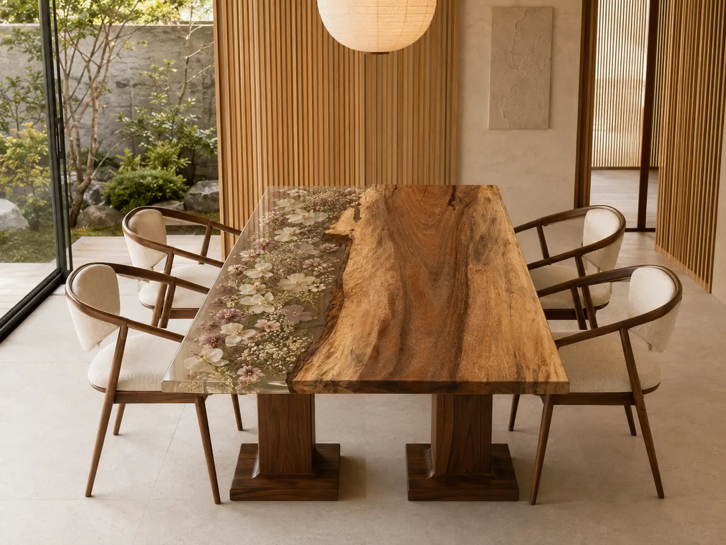 Made-to-Order Walnut Live Edge.Epoxy Resin Flower Table featuring Crystal Clear epoxy resin product FL022