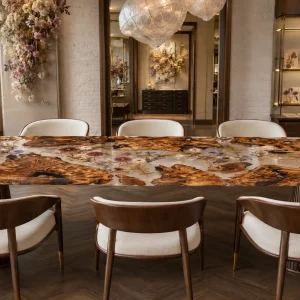 Handcrafted.Epoxy Resin Flower Table with Burl and White epoxy resin in a Live Edge design SKU FL024