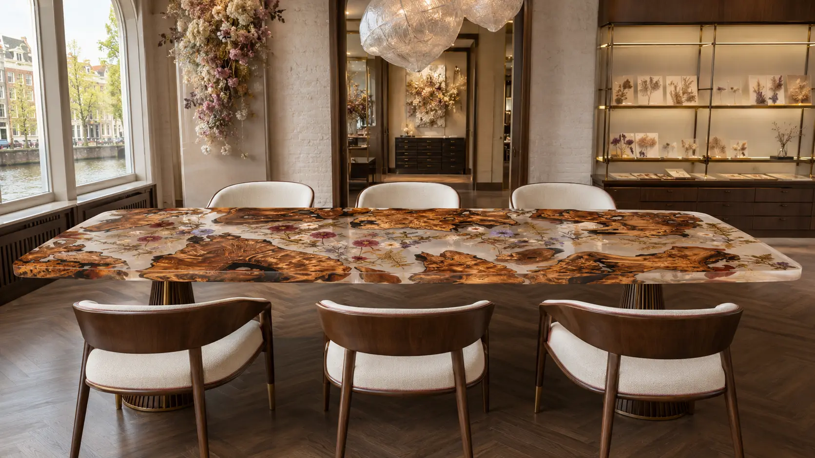 Handcrafted.Epoxy Resin Flower Table with Burl and White epoxy resin in a Live Edge design SKU FL024
