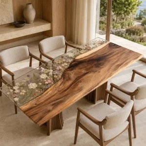 Made-to-order Live Edge.Epoxy Resin Flower Table in Walnut and Crystal Clear epoxy resin model FL025