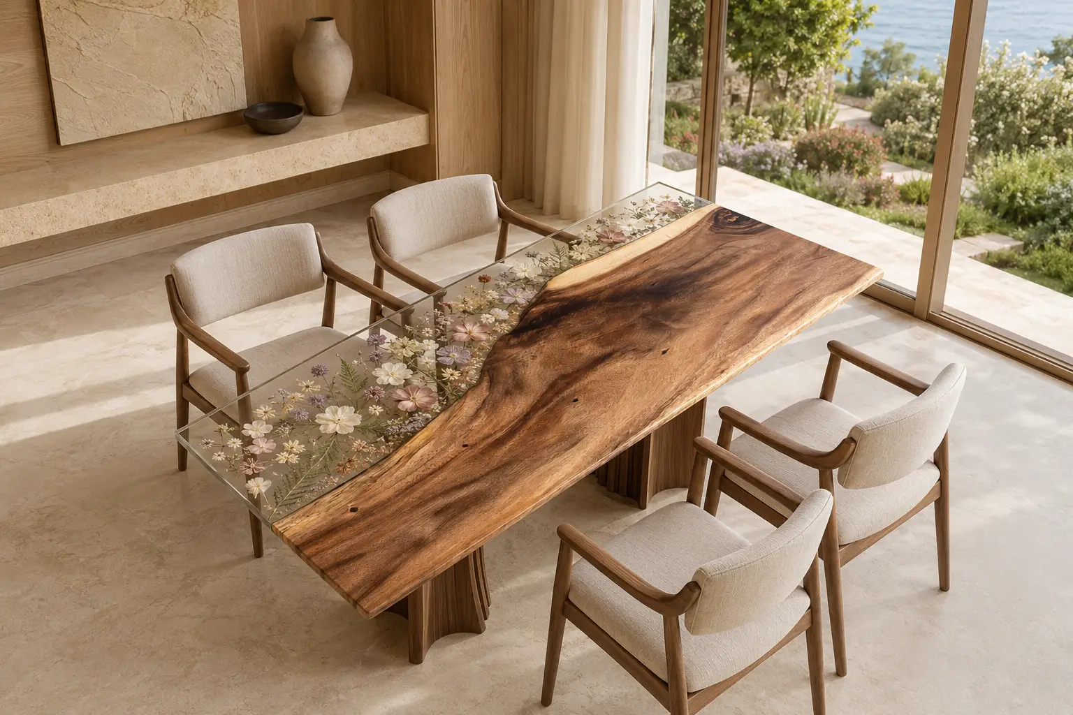 Made-to-order Live Edge.Epoxy Resin Flower Table in Walnut and Crystal Clear epoxy resin model FL025