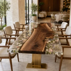 Designer Black Walnut Live Edge.Epoxy Resin Flower Table featuring Crystal Clear epoxy resin product FL027