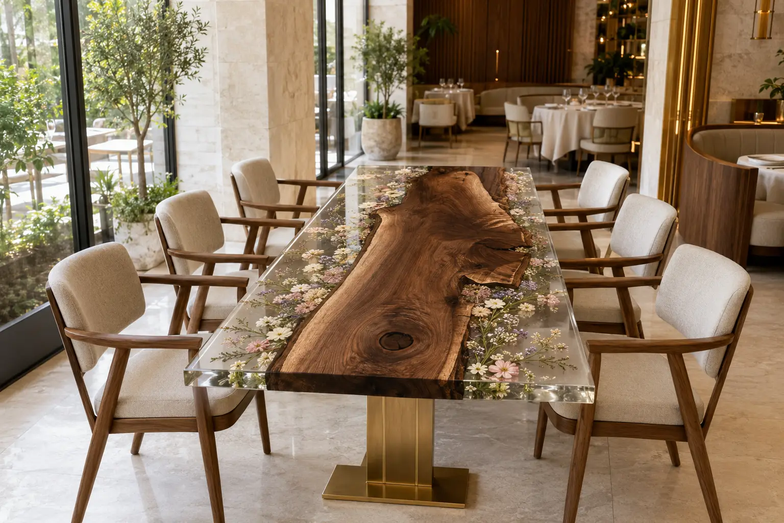 Designer Black Walnut Live Edge.Epoxy Resin Flower Table featuring Crystal Clear epoxy resin product FL027