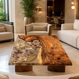 Handcrafted.Epoxy Resin Flower Table with Walnut and Crystal Clear epoxy resin in a Live Edge design SKU FL028