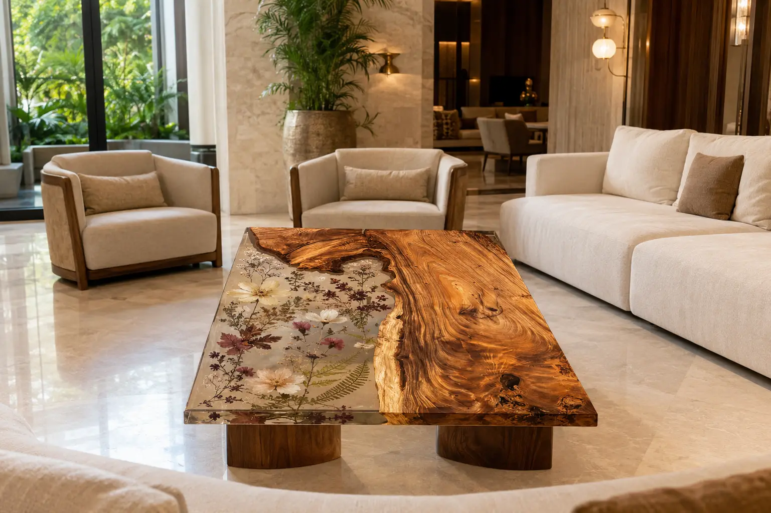 Handcrafted.Epoxy Resin Flower Table with Walnut and Crystal Clear epoxy resin in a Live Edge design SKU FL028