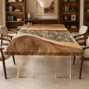 Luxury Live Edge.Epoxy Resin Flower Table crafted from Walnut and Crystal Clear epoxy resin SKU FL029