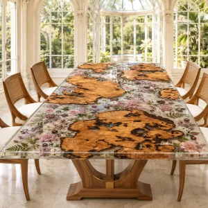 Made-to-order Live Edge.Epoxy Resin Flower Table in Burl and Crystal Clear epoxy resin model FL030
