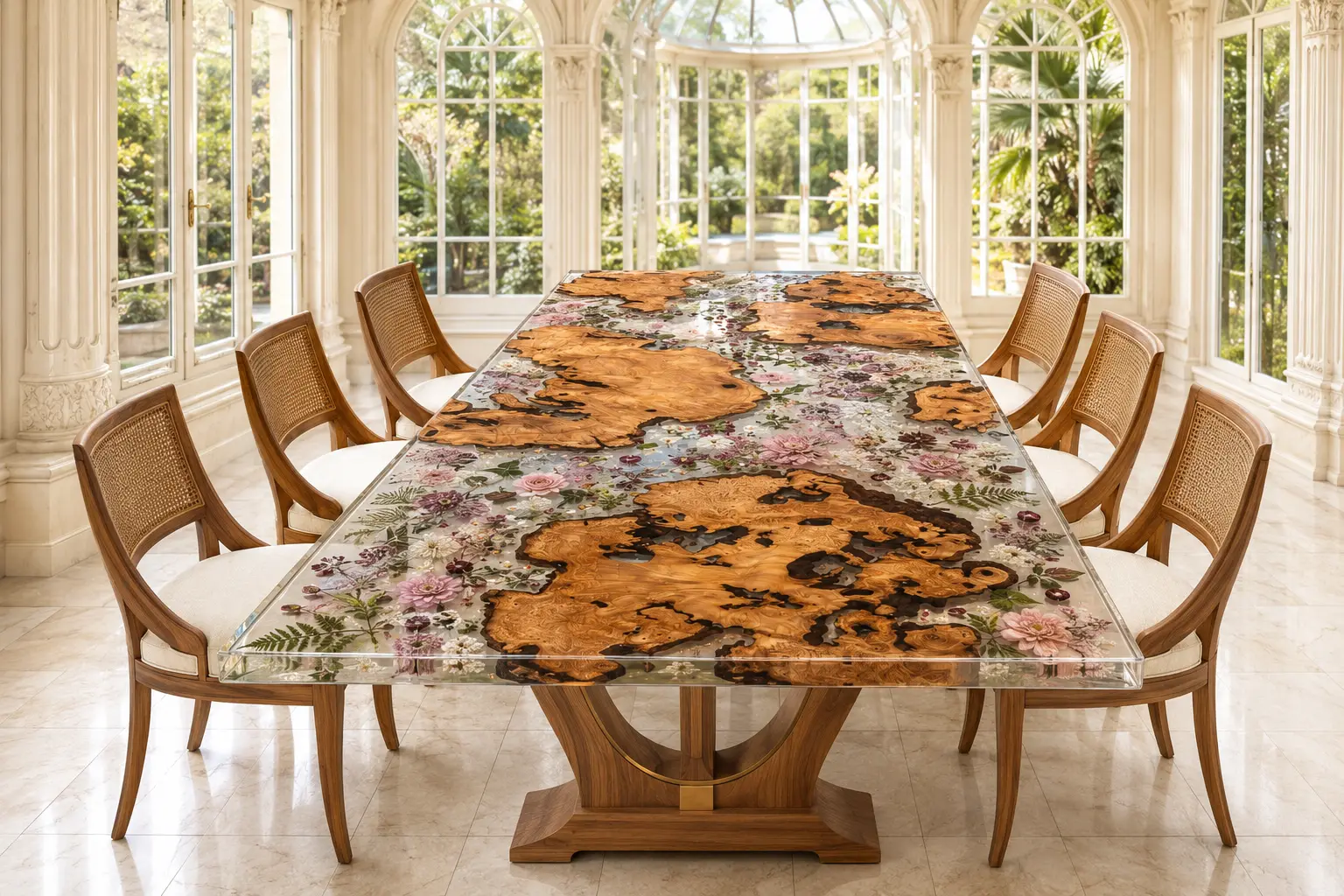 Made-to-order Live Edge.Epoxy Resin Flower Table in Burl and Crystal Clear epoxy resin model FL030