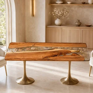 Handcrafted River.Epoxy Resin Flower Table crafted from Walnut and Crystal Clear epoxy resin SKU FL031
