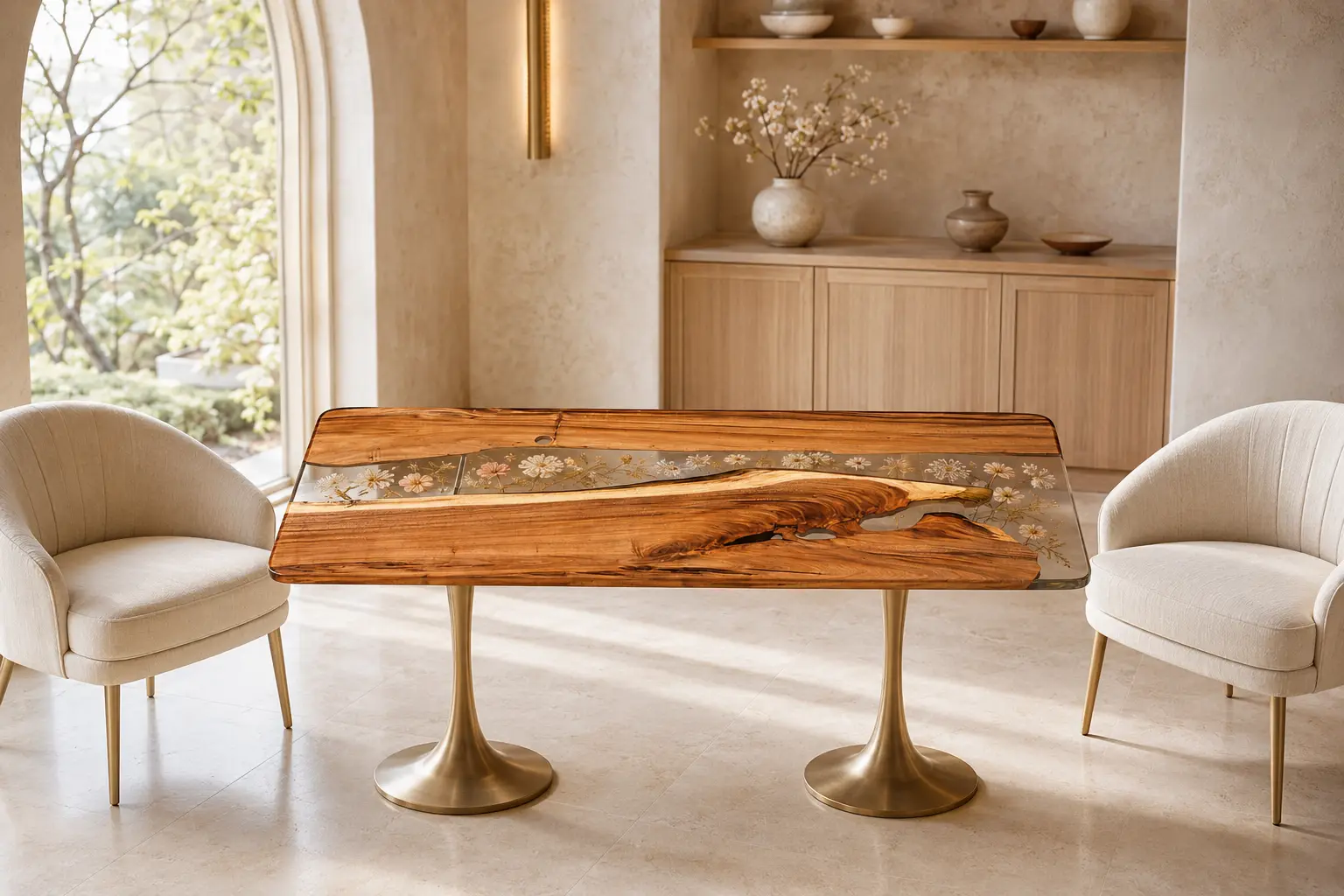 Handcrafted River.Epoxy Resin Flower Table crafted from Walnut and Crystal Clear epoxy resin SKU FL031