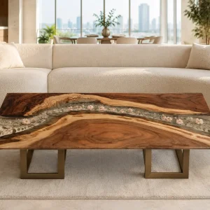 Designer Walnut River.Epoxy Resin Flower Table featuring Crystal Clear epoxy resin product FL032
