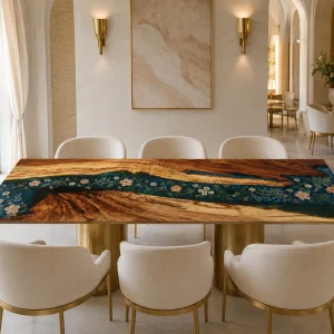 Handcrafted.Epoxy Resin Flower Table with Walnut and Blue epoxy resin in a River design SKU FL033