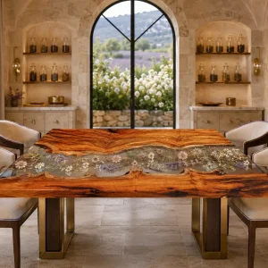 Signature Live Edge.Epoxy Resin Flower Table crafted from Walnut and Crystal Clear epoxy resin SKU FL034