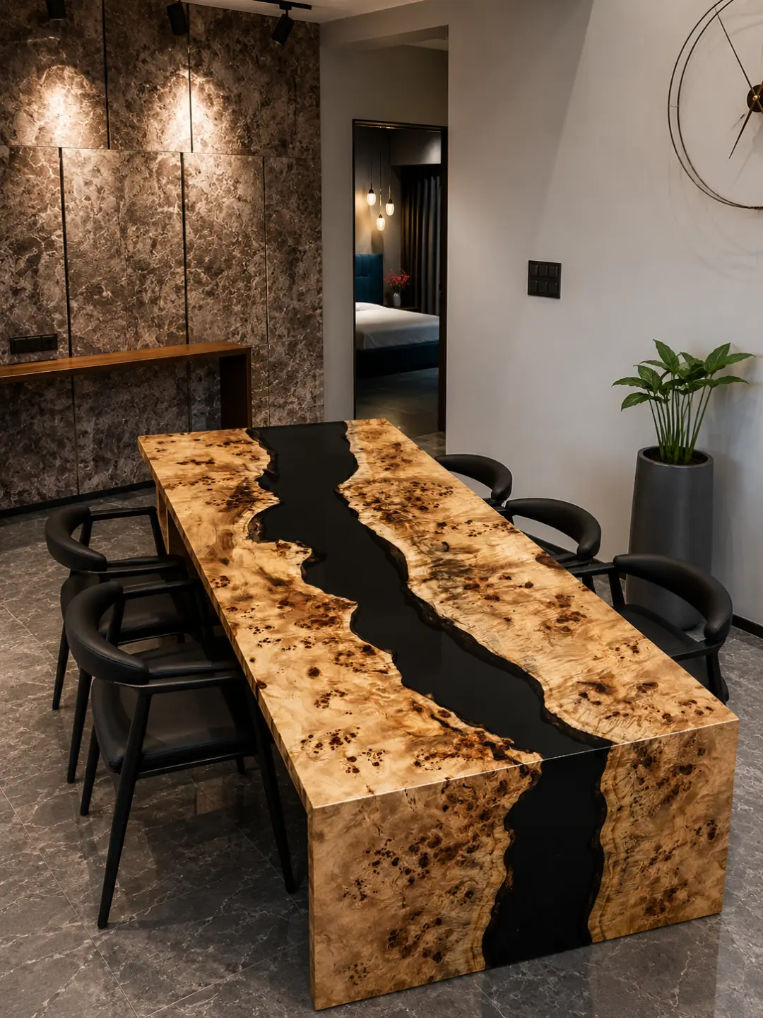 Bespoke French Poplar Waterfall River Table with Black Epoxy | FWF003