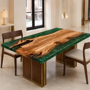 Handcrafted Coffee Table with and Green epoxy resin in a Live Edge design SKU GT007