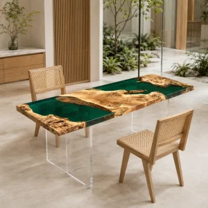 Custom Live Edge Dining Table crafted from and Green epoxy resin SKU GT010