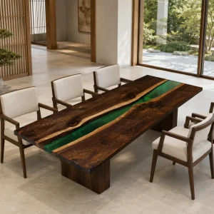 Handcrafted Dining Table with and Green epoxy resin in a Live Edge design SKU GT011