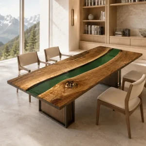 Made-to-Order Live Edge Dining Table featuring Green epoxy resin product GT015