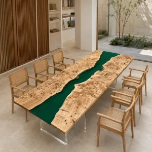 Handcrafted Dining Table with and Green epoxy resin in a Live Edge design SKU GT019