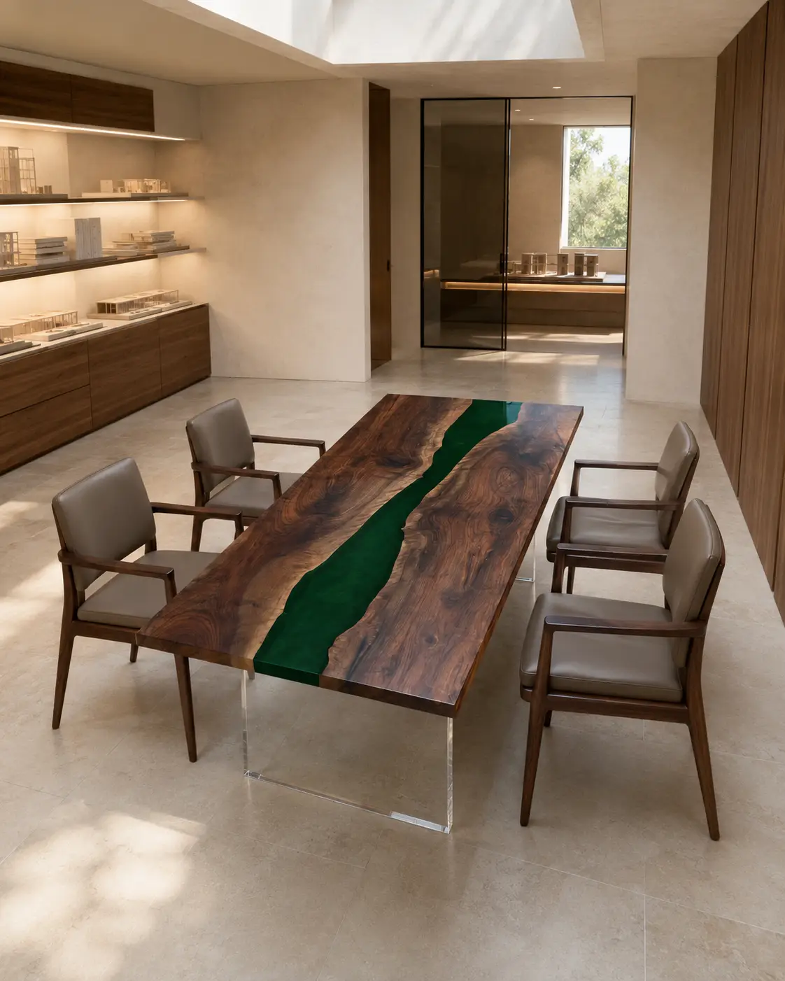 Made-to-order Live Edge Conference Table in and Green epoxy resin model GT020