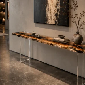 Custom Italian Olive Wood Live Edge Epoxy Console Tables with Black Epoxy ICS001
