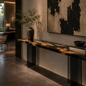Custom Italian Olive Wood Live Edge Epoxy Console Tables with Black Epoxy ICS002