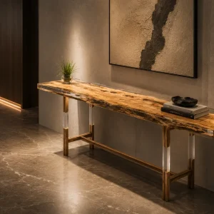 Custom Italian Olive Wood Live Edge Epoxy Console Tables with Crystal Clear Epoxy ICS003