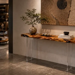 Custom Italian Olive Wood Live Edge Epoxy Console Tables with Black Epoxy ICS005