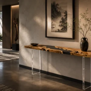 Custom Italian Olive Wood Live Edge Epoxy Console Tables with Black Epoxy ICS006